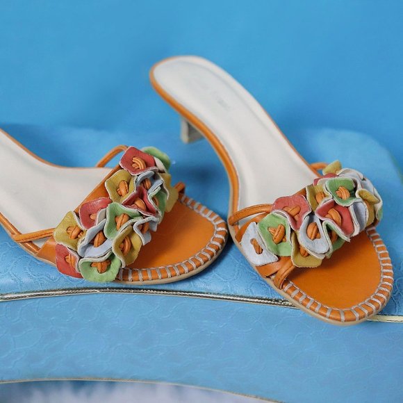 70's Orange Multicolor Leather Kitten Heel Slip on Sandals With Flower Applique! - Picture 6 of 10